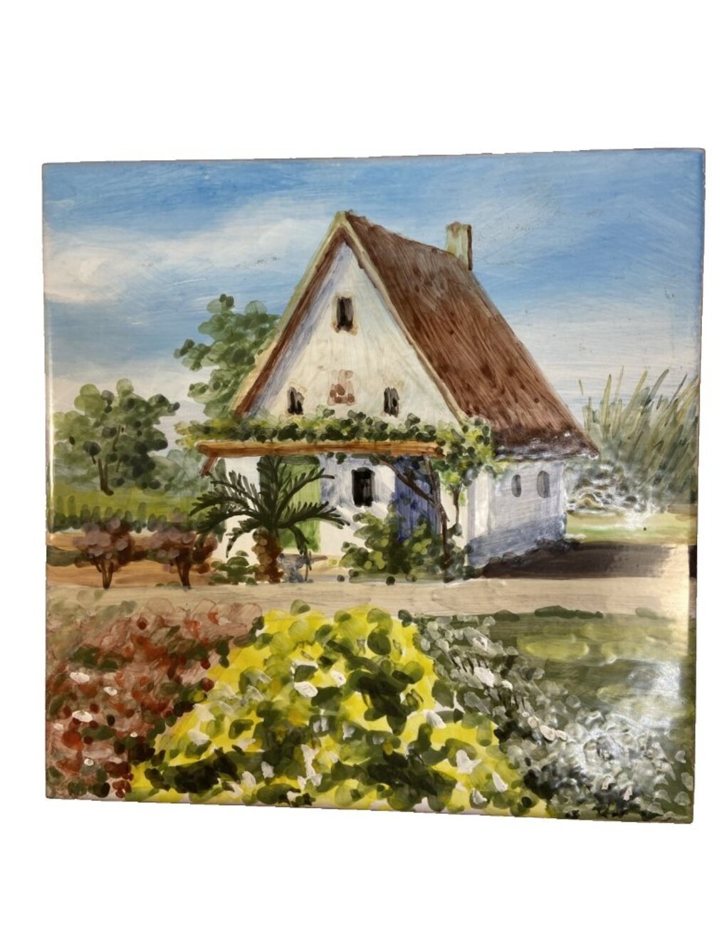 Vintage Hand Painted Ceramic Tile Tropical Floral Palm Thatched House Spain 8x8
